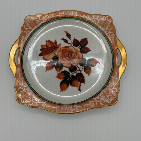 Vtg Plate Orange Iridescent Rose Square Handle Japan Hand Painted Cottagecore - Picture 2 of 6